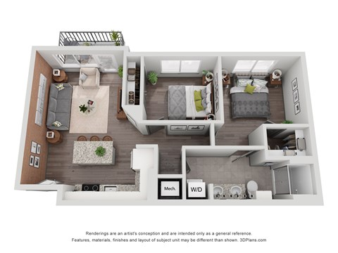 Floor plan for 2 beds, 1 bath, 835 sqft